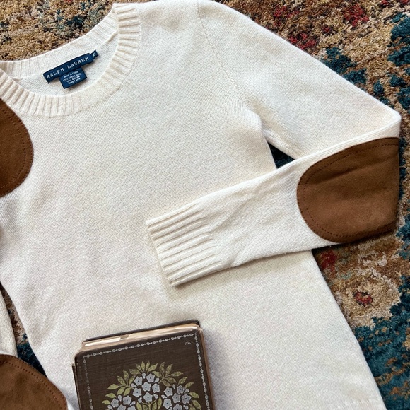 Ralph Lauren Merino Wool & Angora Cream Knit Sweater with Leather Patches XS - Picture 2 of 5